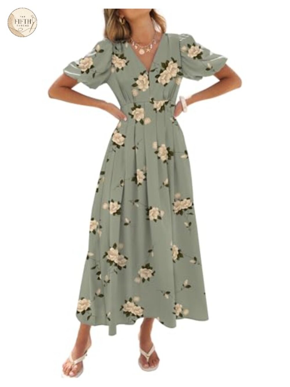 Womens Floral Maxi Dress Short Puff Sleeve A-Line V-Neck Wedding Guest Formal